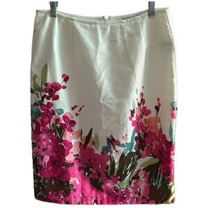 Worthington White Lined Midi Skirt Pink Floral Cotton Career Casual Womens Sz 10